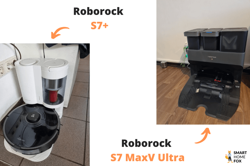Die Ultra Station des Roborock S7 MaxV und die Plus Station des Roborock S7 sind zwecks Größenvergleich nebeneinander zu sehen